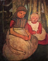 Two Seated Girls in Birch Forest